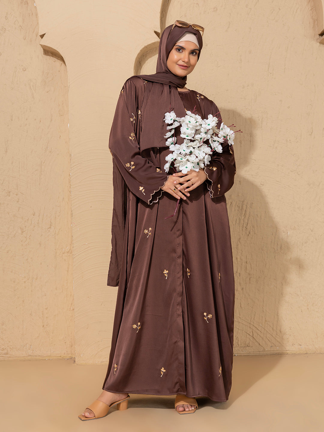 Brown Embroidered  Abaya – Front Open Modest Wear with Golden Floral Detailing