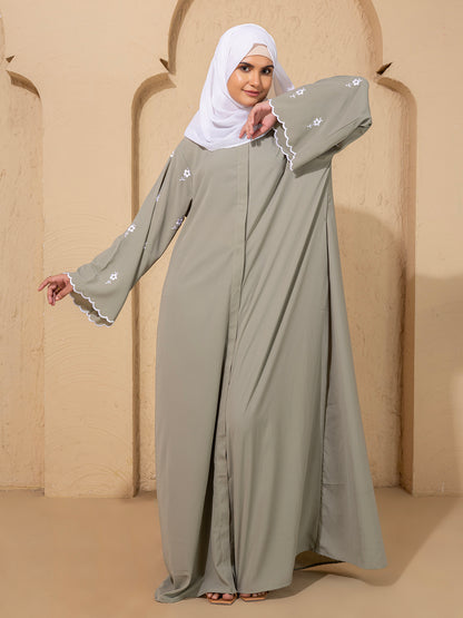 Sage Green Embroidered Abaya with Scallop Sleeve and scarf