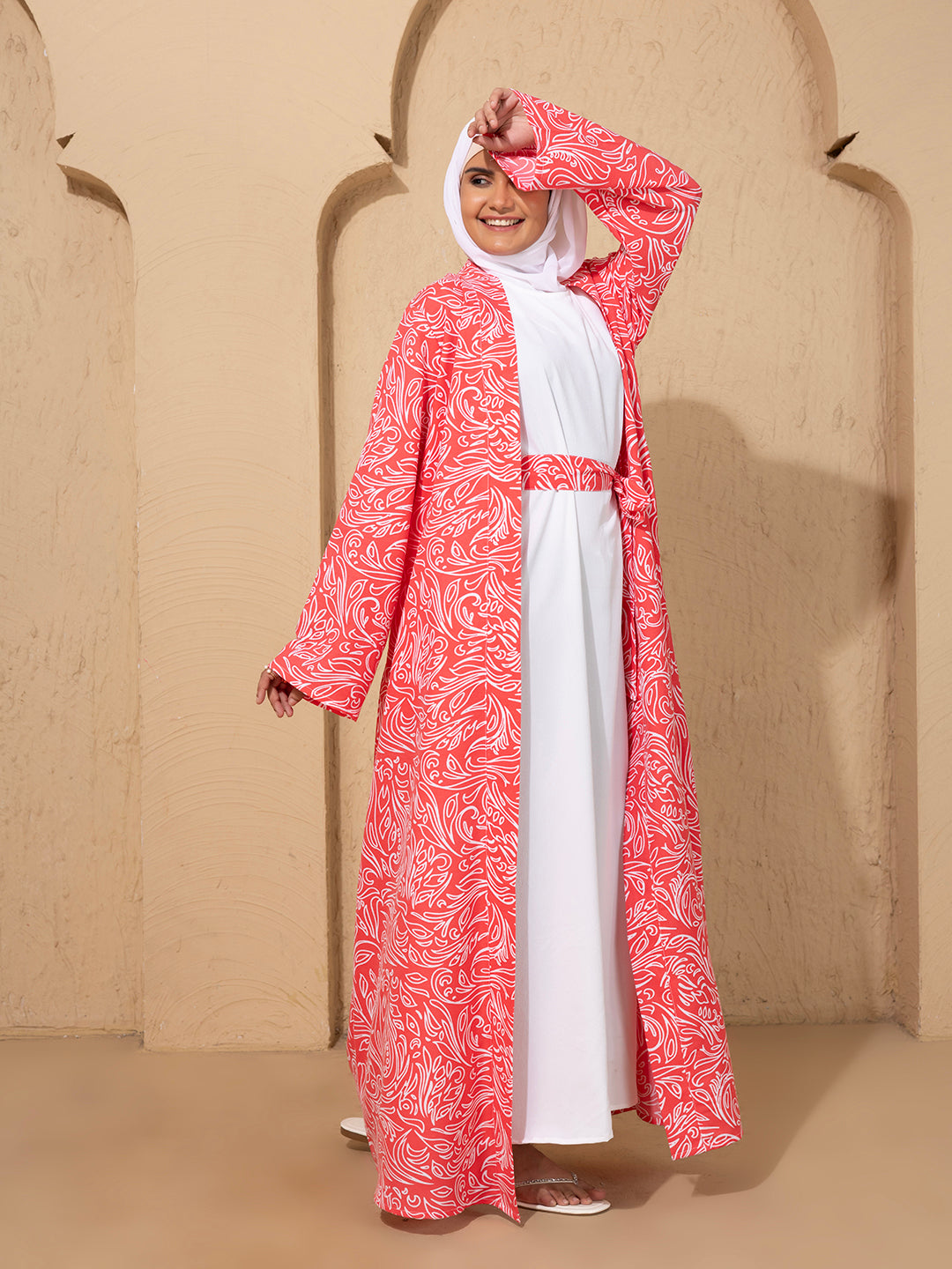Pink Printed Open Abaya Set with inside slip scarf and belt