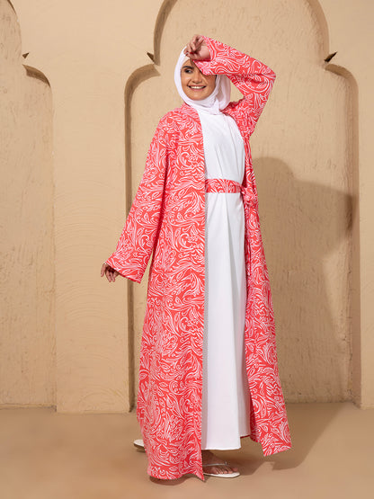 Pink Printed Open Abaya Set with inside slip scarf and belt