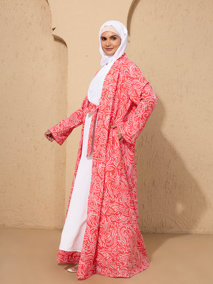 Pink Printed Open Abaya Set with inside slip scarf and belt