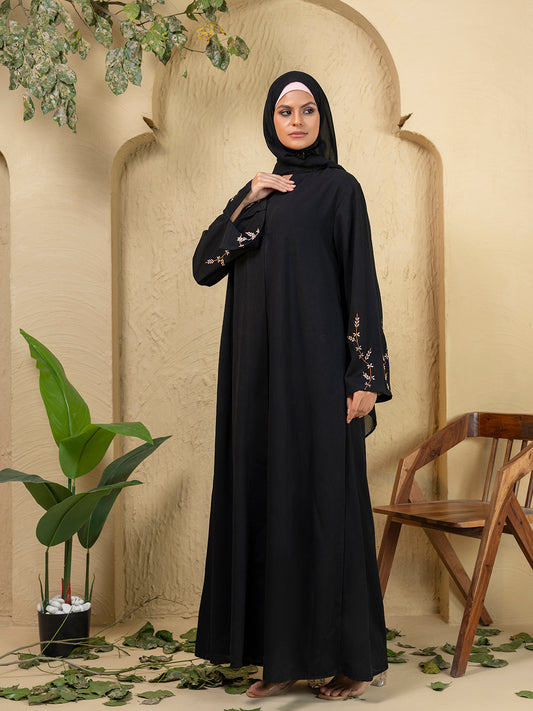 Elegant Black Embroidered Abaya with Matching Hijab