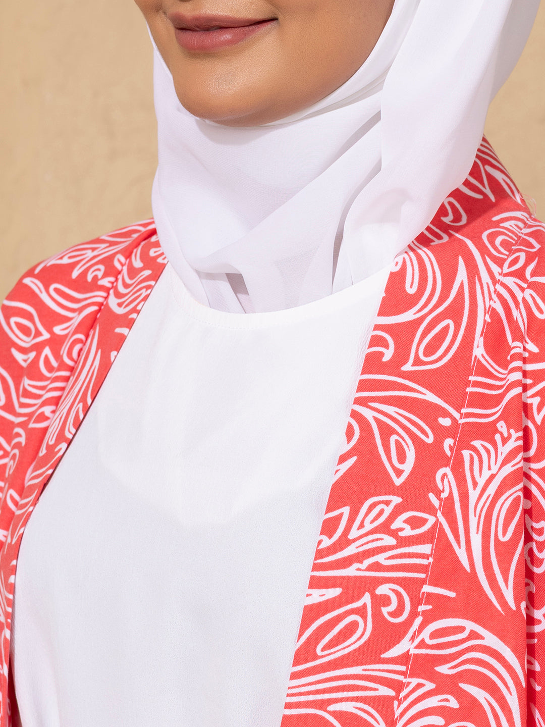 Pink Printed Open Abaya Set with inside slip scarf and belt
