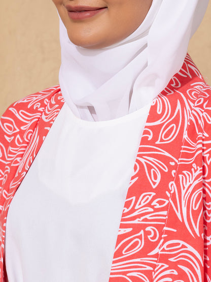 Pink Printed Open Abaya Set with inside slip scarf and belt