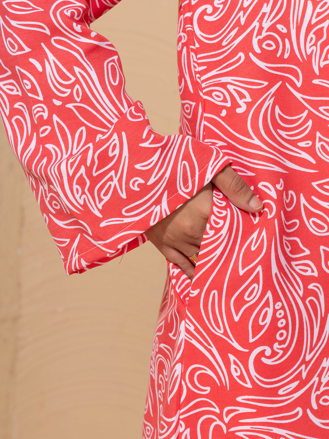 Pink Printed Open Abaya Set with inside slip scarf and belt