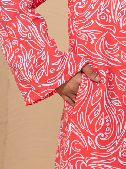 Pink Printed Open Abaya Set with inside slip scarf and belt