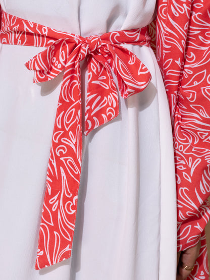 Pink Printed Open Abaya Set with inside slip scarf and belt