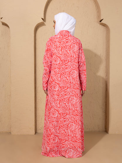 Pink Printed Open Abaya Set with inside slip scarf and belt