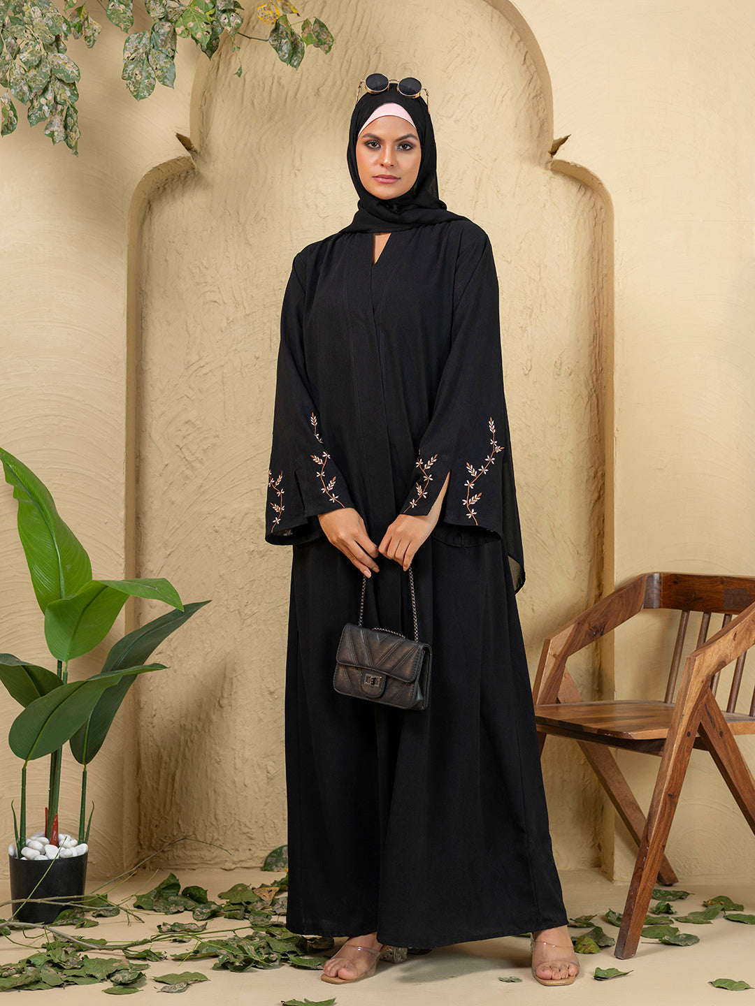 Elegant Black Embroidered Abaya with Matching Hijab