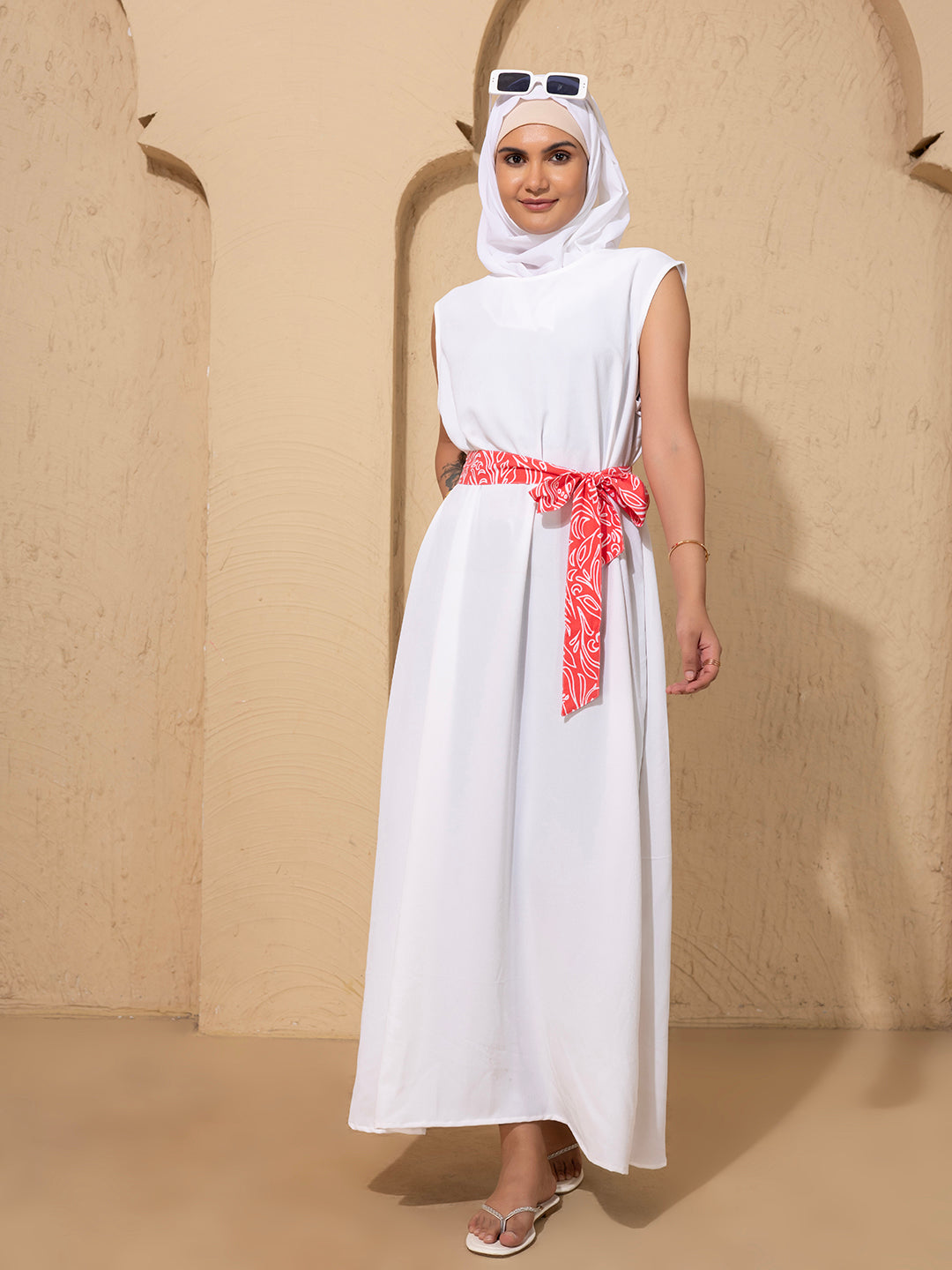 Pink Printed Open Abaya Set with inside slip scarf and belt