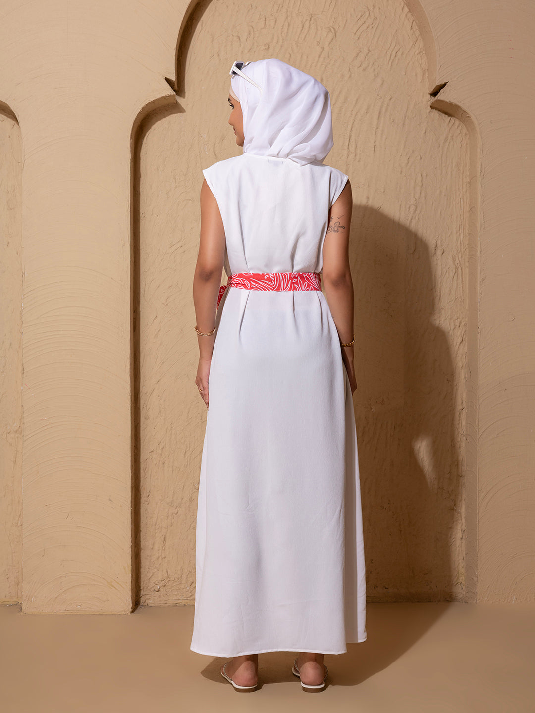 Pink Printed Open Abaya Set with inside slip scarf and belt