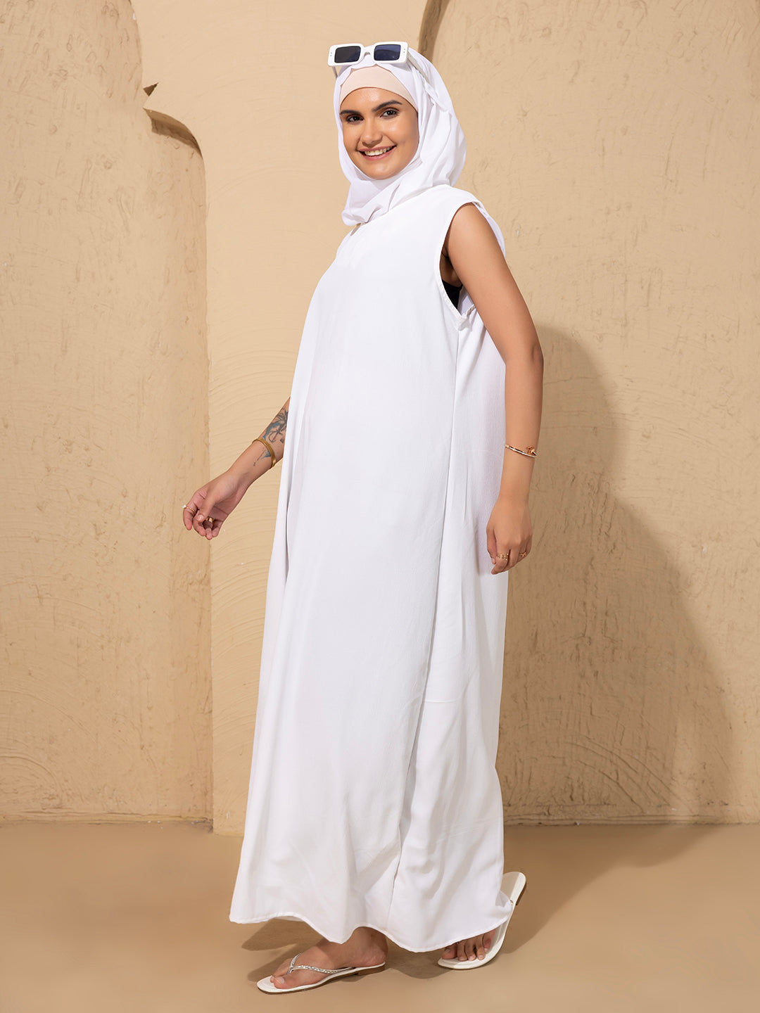 Blue Printed Open Abaya Set featuring a crisp white inner and hijab: