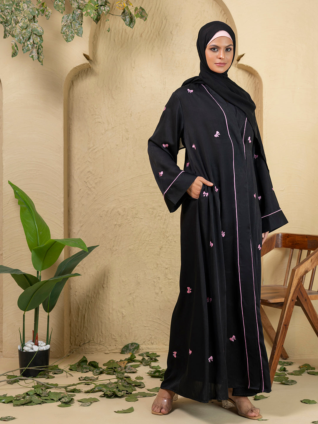 Elegant Black Embroidered Abaya with Matching Hijab