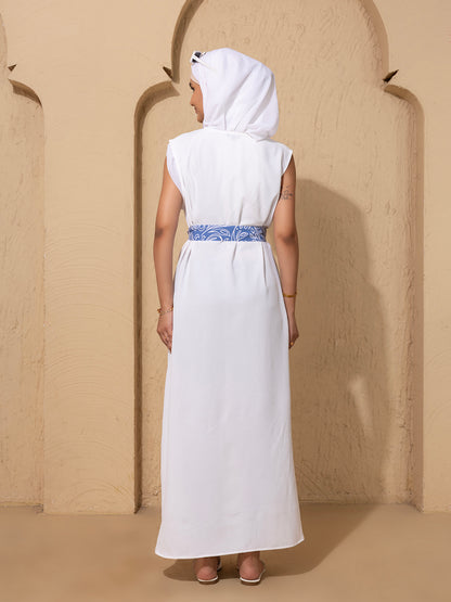 Blue Printed Open Abaya Set featuring a crisp white inner and hijab: