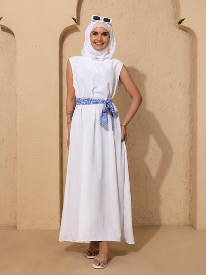 Blue Printed Open Abaya Set featuring a crisp white inner and hijab:
