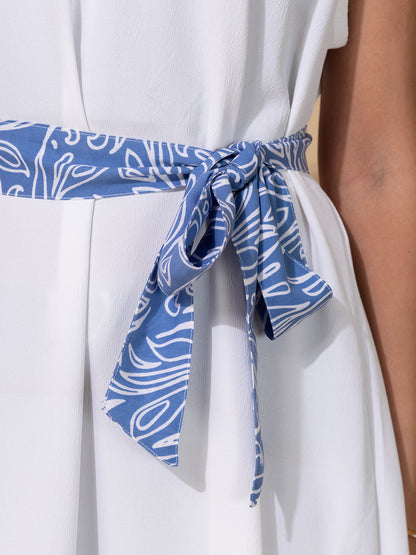 Blue Printed Open Abaya Set featuring a crisp white inner and hijab: