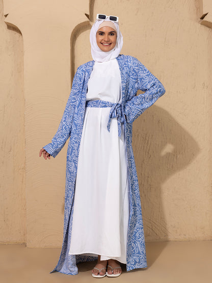 Blue Printed Open Abaya Set featuring a crisp white inner and hijab: