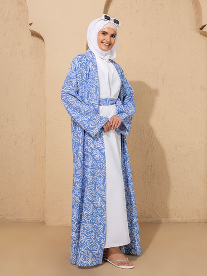 Blue Printed Open Abaya Set featuring a crisp white inner and hijab:
