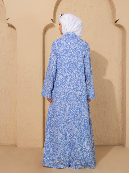 Blue Printed Open Abaya Set featuring a crisp white inner and hijab: