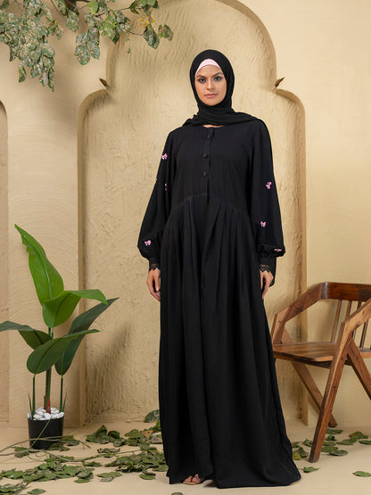 Black Button-Front Abaya with Pink Embroidery & Lace Cuffs