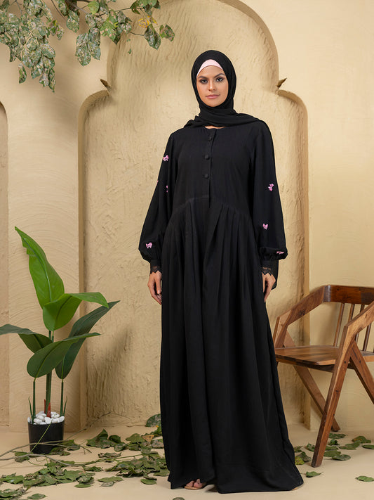 Black Button-Front Abaya with Pink Embroidery & Lace Cuffs