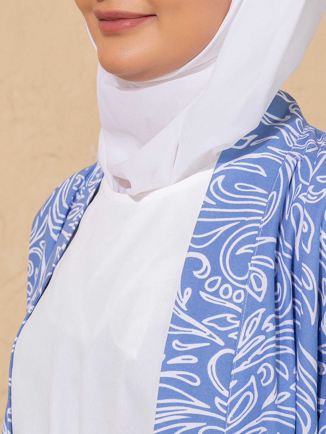 Blue Printed Open Abaya Set featuring a crisp white inner and hijab: