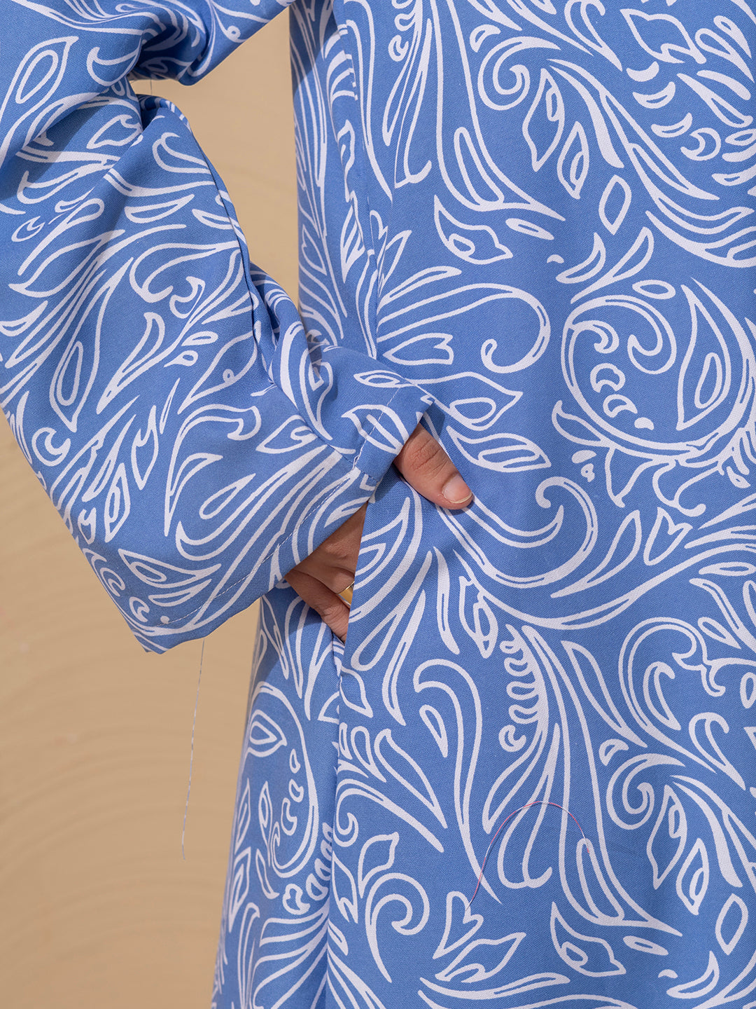 Blue Printed Open Abaya Set featuring a crisp white inner and hijab: