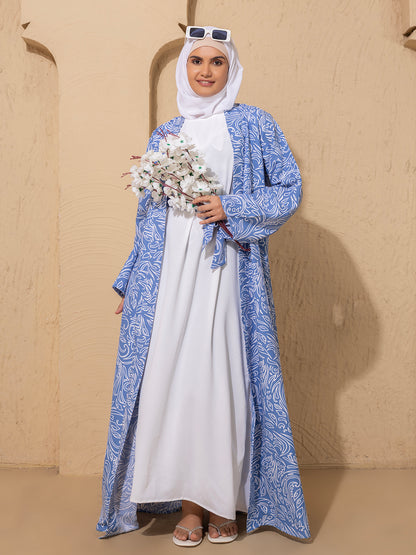 Blue Printed Open Abaya Set featuring a crisp white inner and hijab:
