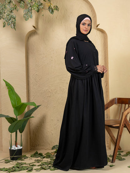 Black Button-Front Abaya with Pink Embroidery & Lace Cuffs