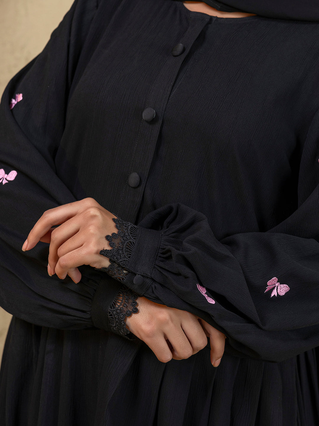 Black Button-Front Abaya with Pink Embroidery & Lace Cuffs