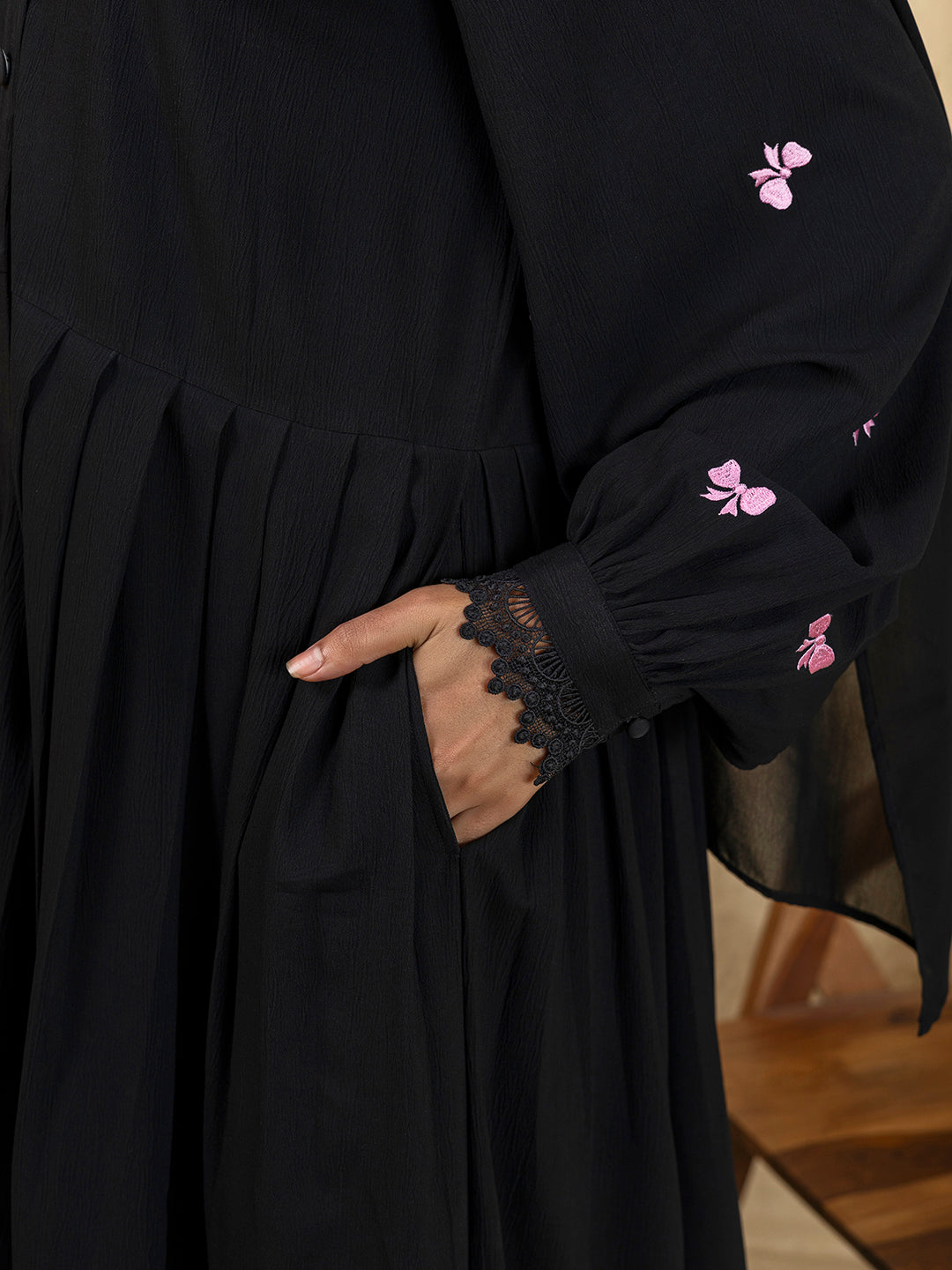Black Button-Front Abaya with Pink Embroidery & Lace Cuffs