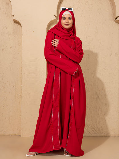 Classic Red  Rice Stitch Embroidered Abaya with Hijab – Bold & Elegant