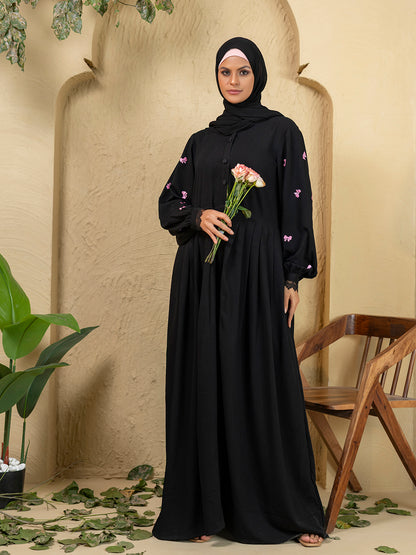 Black Button-Front Abaya with Pink Embroidery & Lace Cuffs