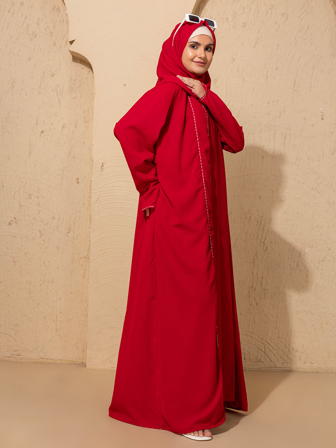 Classic Red  Rice Stitch Embroidered Abaya with Hijab – Bold & Elegant