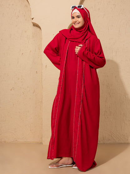 Classic Red  Rice Stitch Embroidered Abaya with Hijab – Bold & Elegant