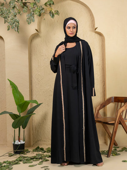 3-Piece Black Embroidered Abaya Set with Inner Slip Dress & Matching Hijab