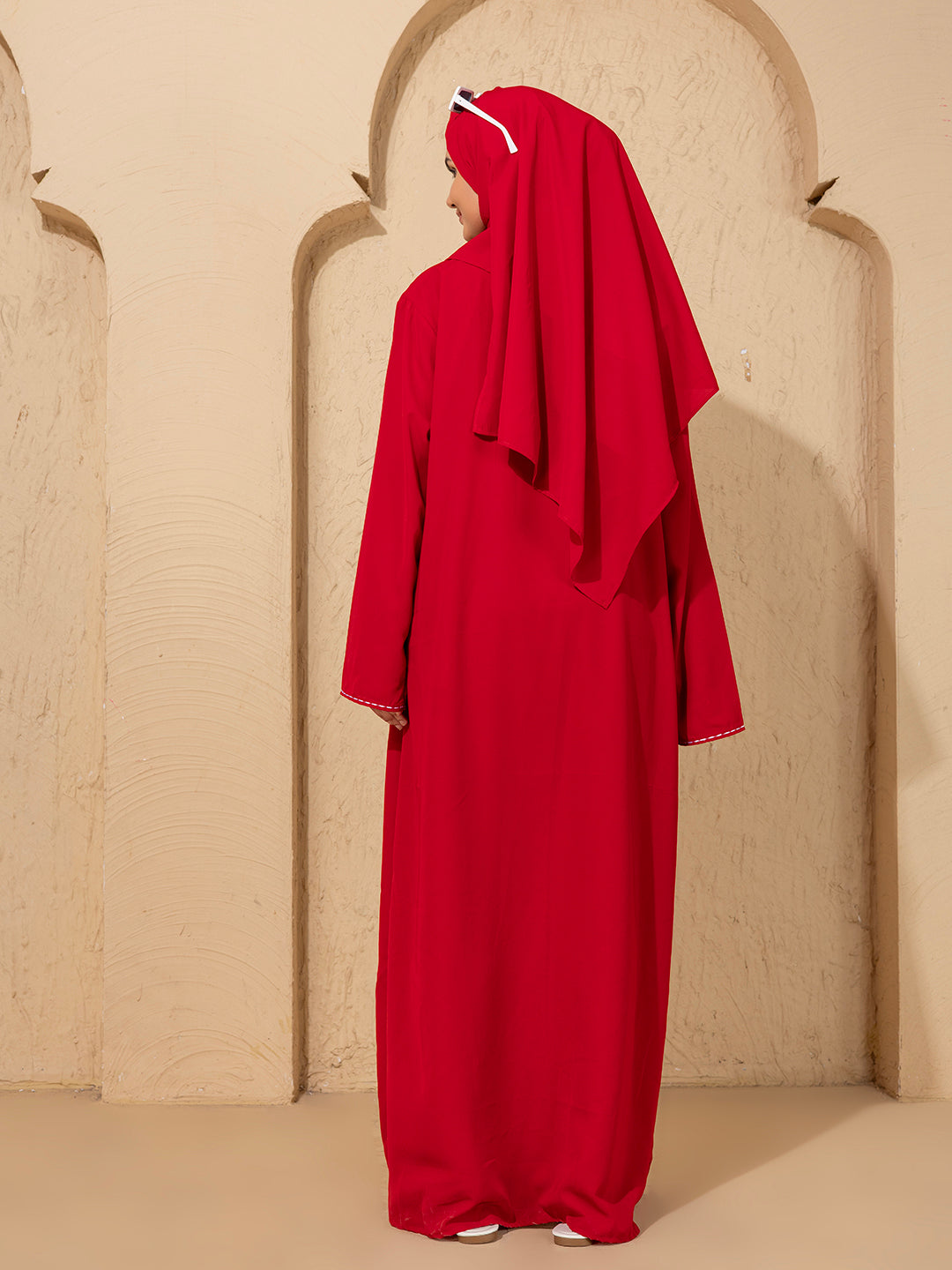 Classic Red  Rice Stitch Embroidered Abaya with Hijab – Bold & Elegant