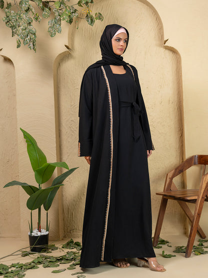 3-Piece Black Embroidered Abaya Set with Inner Slip Dress & Matching Hijab