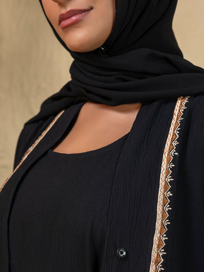 3-Piece Black Embroidered Abaya Set with Inner Slip Dress & Matching Hijab