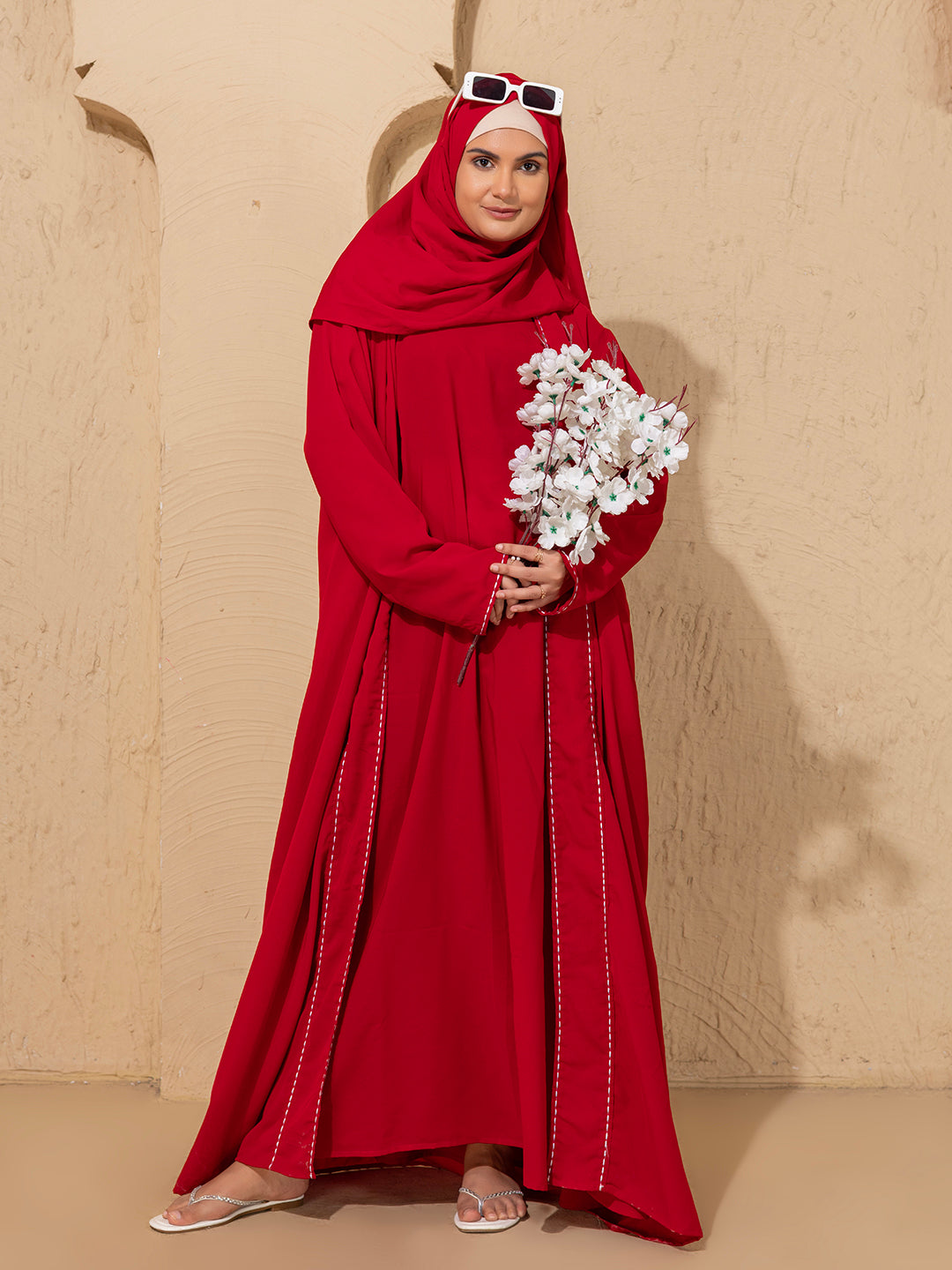 Classic Red  Rice Stitch Embroidered Abaya with Hijab – Bold & Elegant