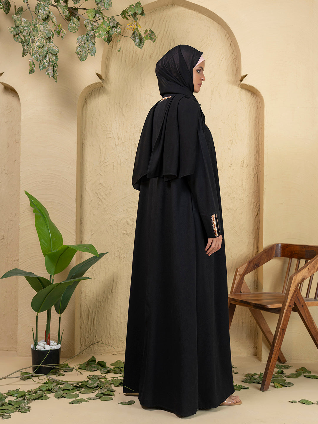 3-Piece Black Embroidered Abaya Set with Inner Slip Dress & Matching Hijab