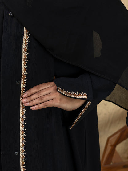 3-Piece Black Embroidered Abaya Set with Inner Slip Dress & Matching Hijab