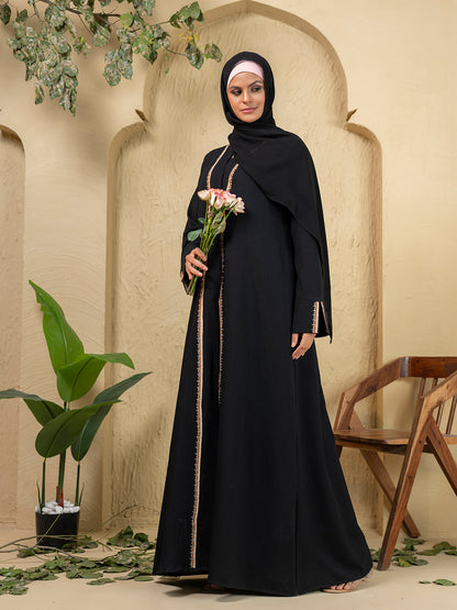 3-Piece Black Embroidered Abaya Set with Inner Slip Dress & Matching Hijab