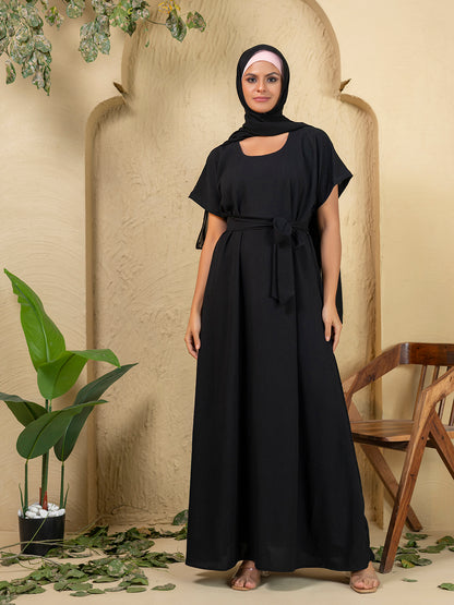 3-Piece Black Embroidered Abaya Set with Inner Slip Dress & Matching Hijab