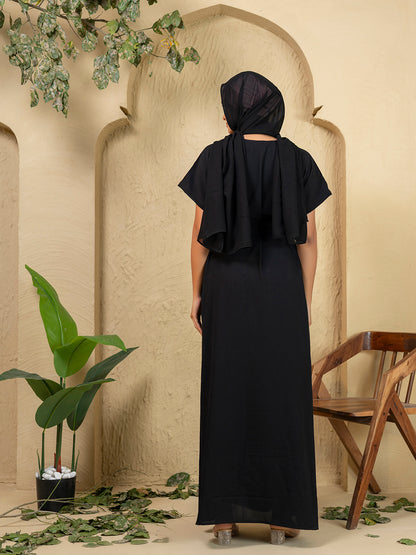 3-Piece Black Embroidered Abaya Set with Inner Slip Dress & Matching Hijab