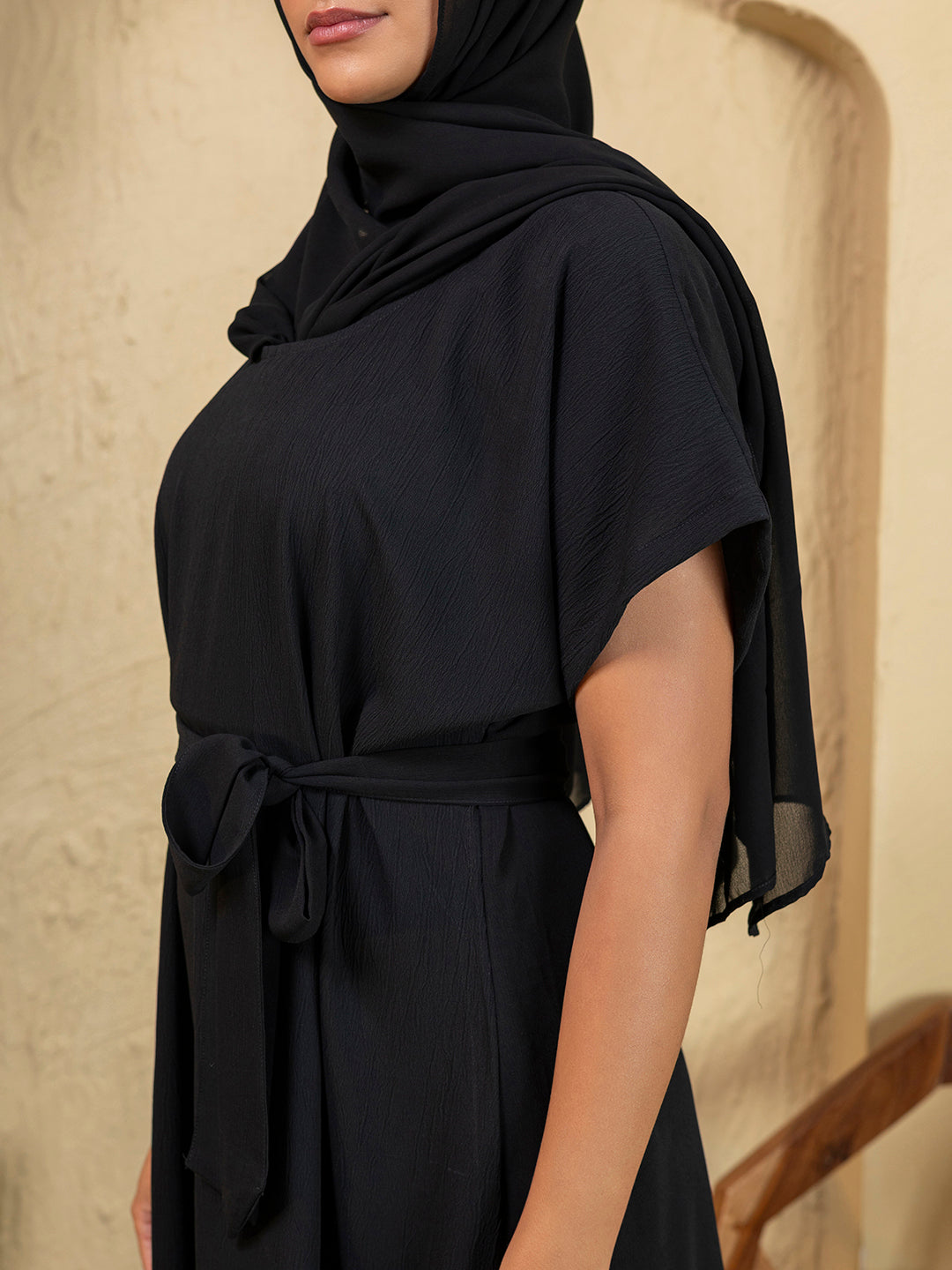 3-Piece Black Embroidered Abaya Set with Inner Slip Dress & Matching Hijab