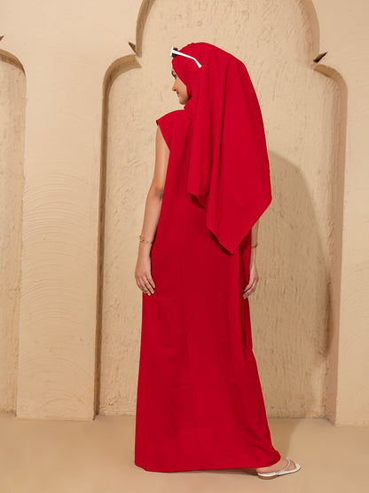 Classic Red  Rice Stitch Embroidered Abaya with Hijab – Bold & Elegant