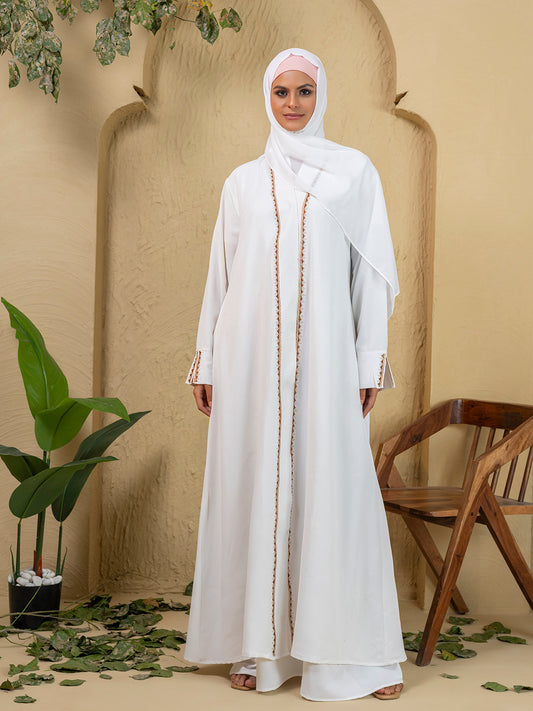 Elegant 3-Piece White Embroidered Abaya Set with Inner Slip Dress & Matching Hijab