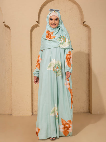 Elegant Floral Mint Green Abaya cum prayer gown with Hijab – Modest & Stylish