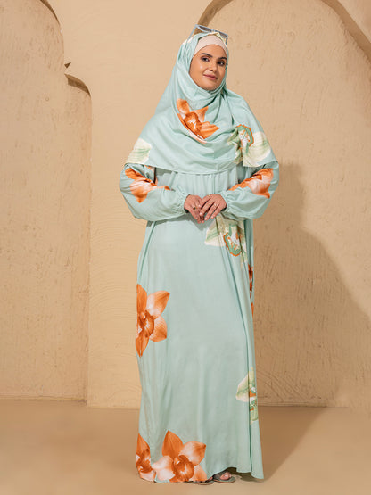 Elegant Floral Mint Green Abaya cum prayer gown with Hijab – Modest & Stylish